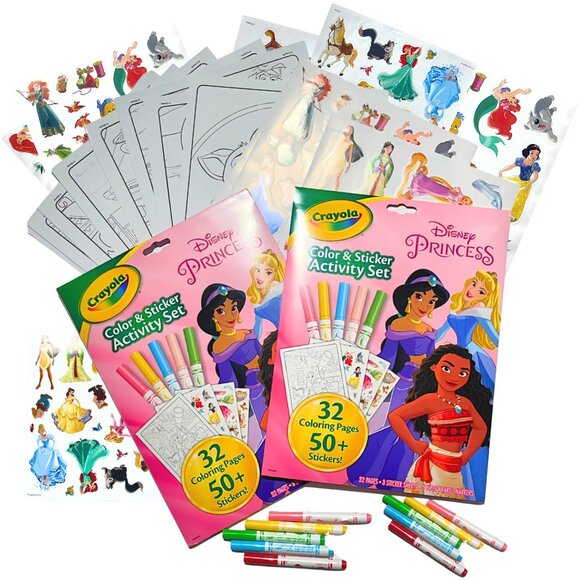 2 Disney Princess Coloring Pages w/ Stickers, Markers, Christmas Gift for Girls - Picture 1 of 5